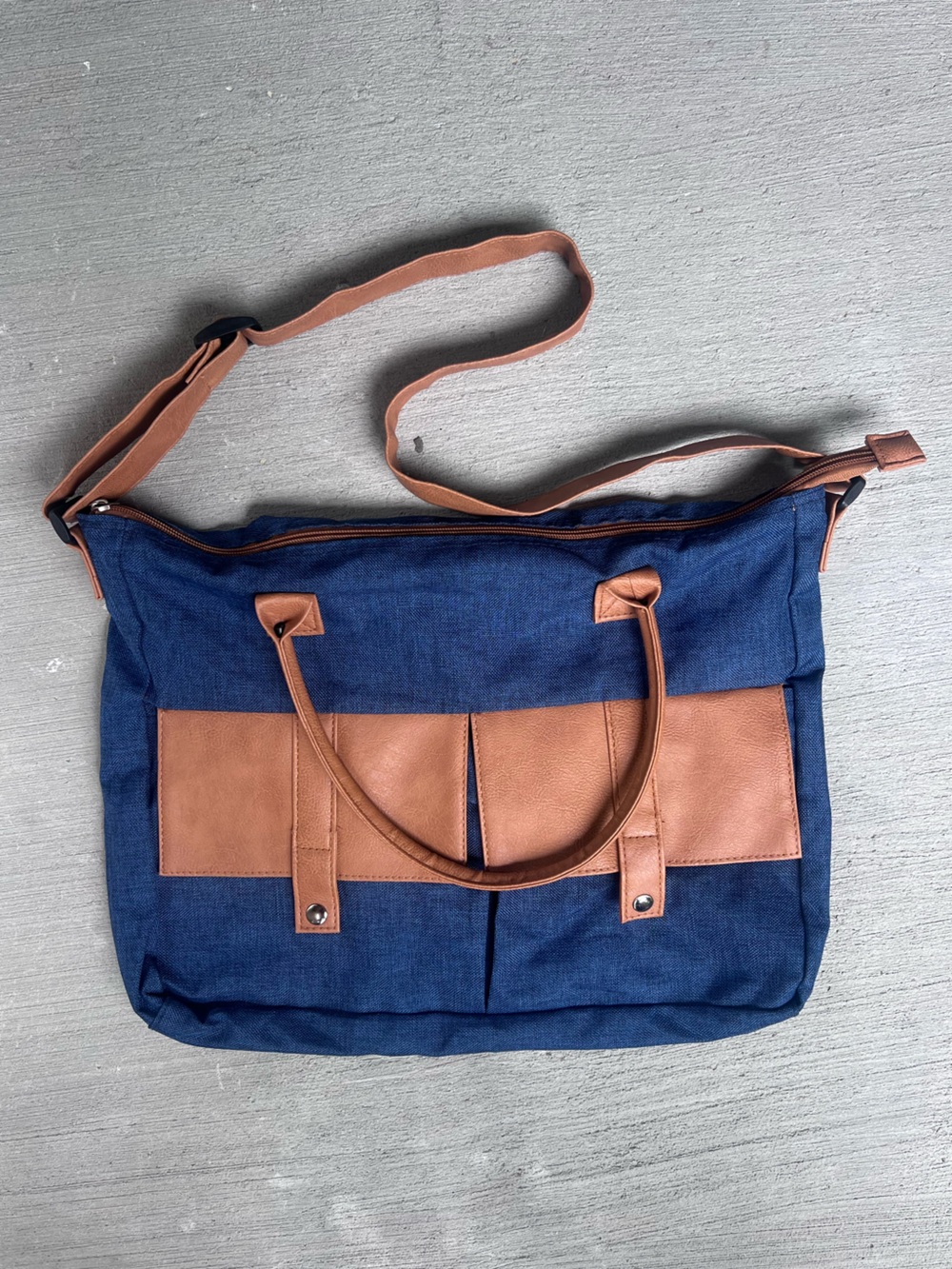 Navy Canvas Messenger Bag with Tan Trim